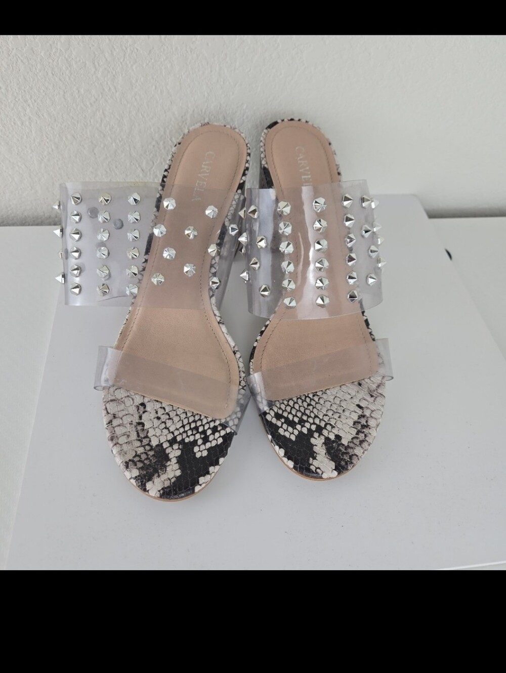 Carvela Clear Studded Snake-Print Slide Sandals -